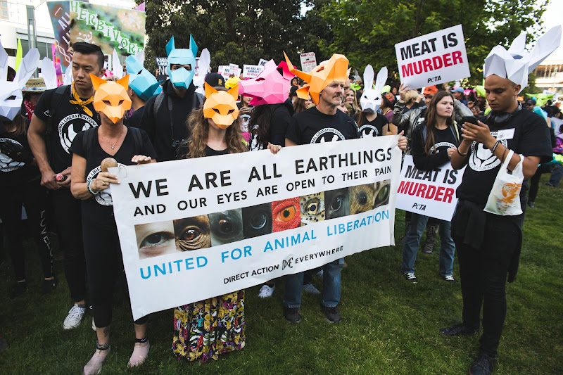 Earthlings Banner, Meat is Murder - Holding Signs - ALC Animal Rights March - San Francisco, USA